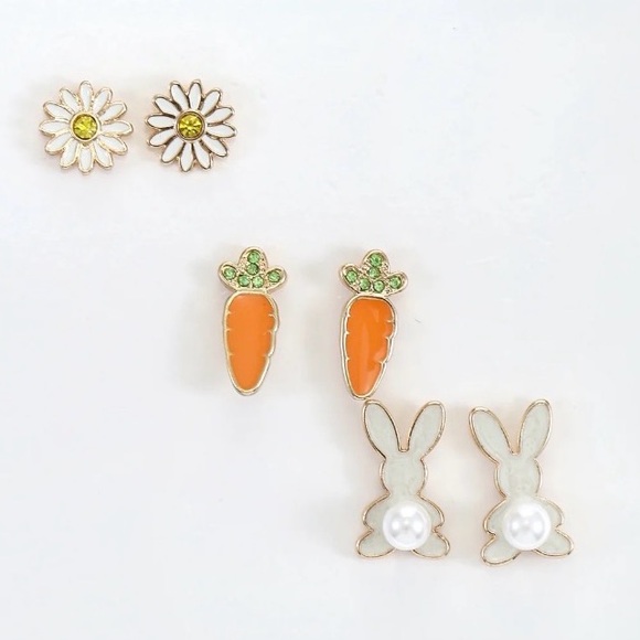 ๐ฐWay to Celebrate Easter Stud Earrings Set- Bunny, Carrot, Daisy Goldtone Set - Picture 3 of 8